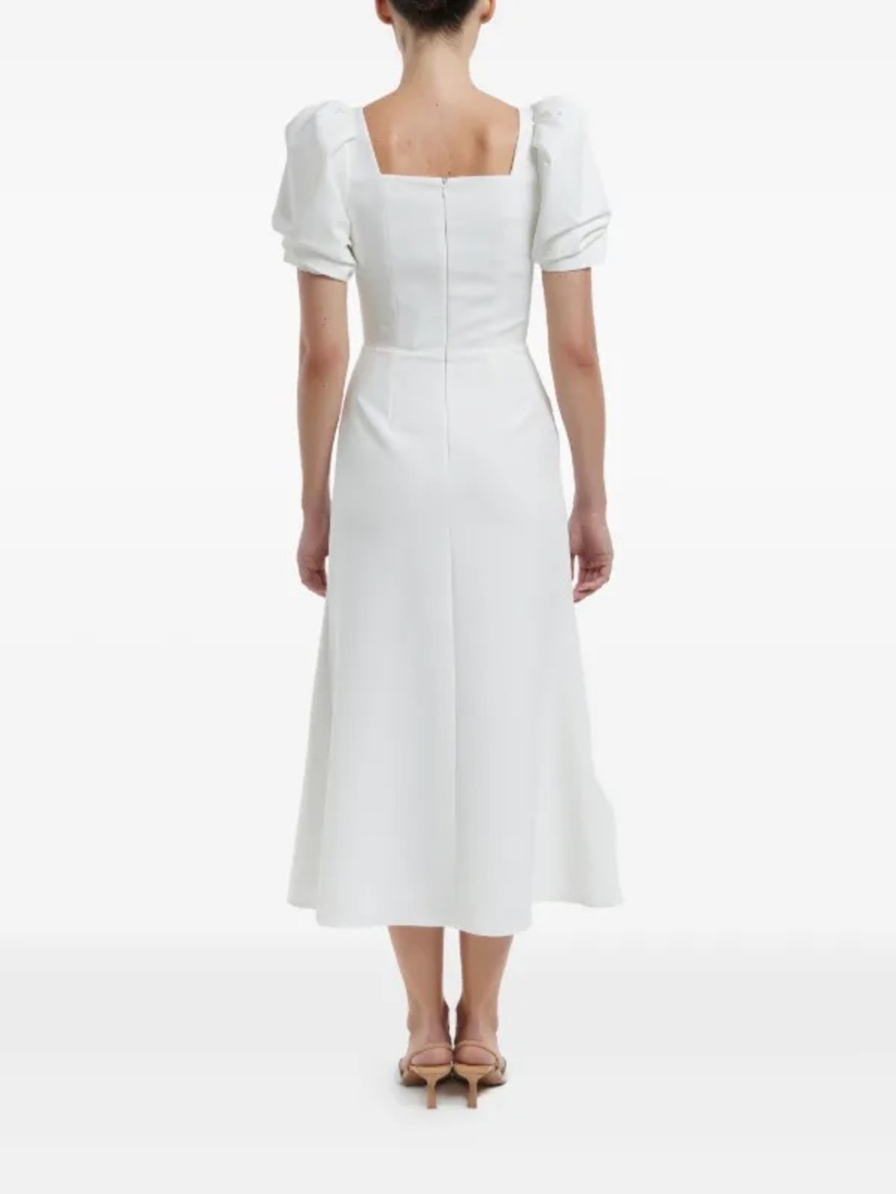 Square-Neck White Midi Dress with Puff Sleeves